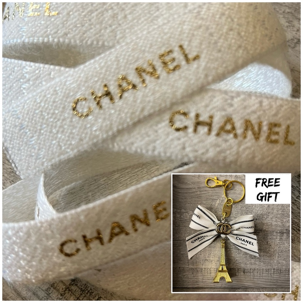 CHANEL Gift Wrapping Ribbon White/Gold Logo 1 yard